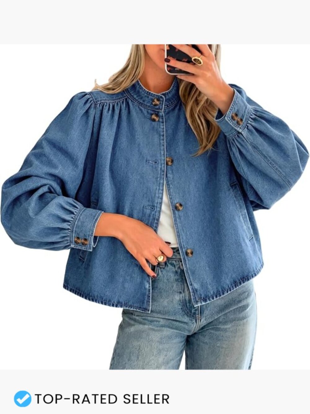 Womens Puff Sleeve Denim Jacket Casual Button Down Loose Fit Jean Top M